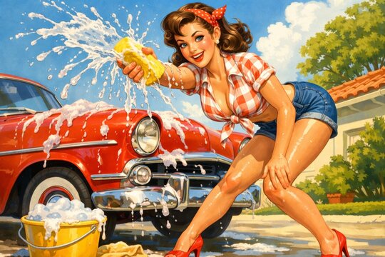 Smiling woman in retro outfit splashes soapy water while scrubbing a shiny vintage red car outdoors, ideal for auto services, summer promotions, or nostalgic advertising.