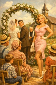 Playful vintage scene of a glamorous blonde arriving at a quaint country wedding, turning heads under a floral arch, ideal for humor, romance, and retro relationship themes.