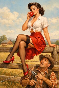 Confident pin up beauty sits atop a wooden farm fence savoring a bright apple, her bold red outfit and teasing pose creating playful vintage temptation in a pastoral scene.