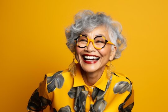Senior woman in stylish glasses and yellow shirt laughing on a yellow background