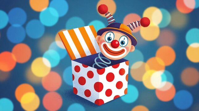 April Fools Day banner, clown toy, jester toy, Funny Jack in snuff box, space for text