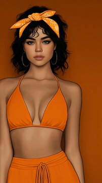 Relaxed young woman in an orange bikini-style top and bandana stands calmly against a matching backdrop, creating a cohesive summer vibe for beachwear or lifestyle themes.
