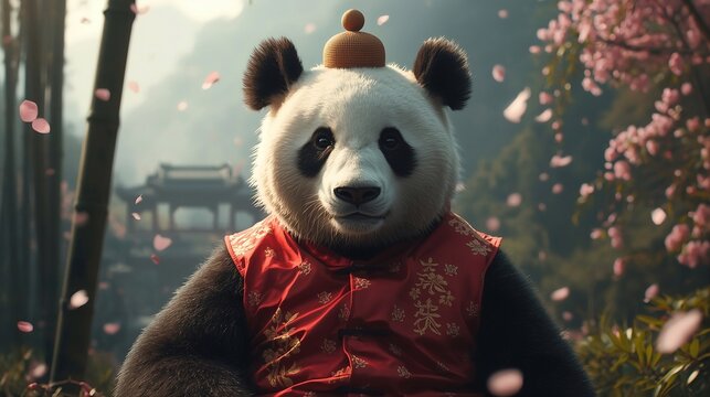 Giant panda portrait wearing traditional red ethnic clothing with ancient temple background, cinematic lighting.
