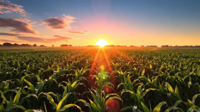 Golden light illuminates young corn plants in field at sunset