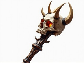 A demonic skull with horns and red eyes mounted on a wooden stick, often used as decoration or prop for horror-themed events