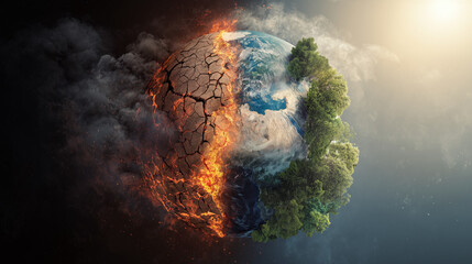 Fototapeta premium Concept of war effect on the earth. a pair of hands holding the earth, with city buildings on fire