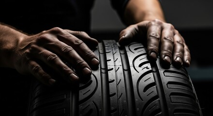 Fototapeta premium Hands inspecting detailed car tire tread pattern in dark workshop, automotive safety concept showing grip texture durability and professional vehicle maintenance
