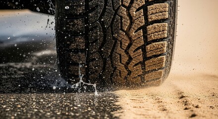 Car tire on wet and sandy road surface showing tread grip traction and braking performance concept for safe driving vehicle safety automotive technology close up wheel touching asphalt water splash sa