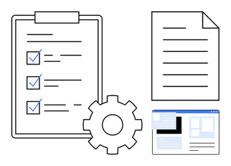 Project management, business planning, workflow optimization, task organization, software integration, productivity tools. A clipboard with a checklist, gear document and browser window. Project
