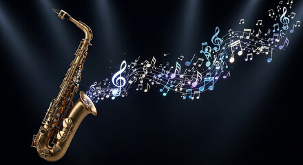 Saxophone floating in the air, surrounded by swirling musical notes and symbols, viewed from a dramatic, low-angle perspective on a dark background