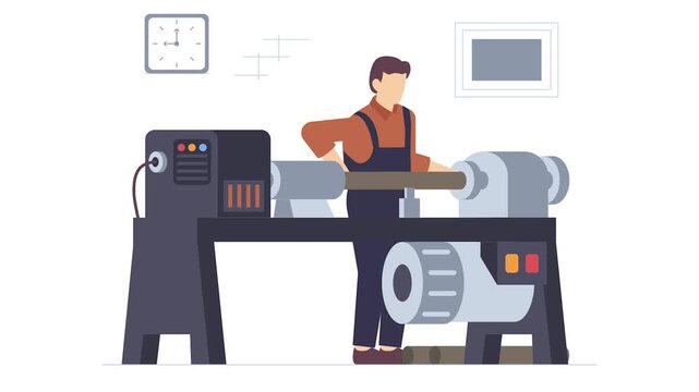 Worker operating lathe machine, shaping piece of wood into cylindrical shape animation, Woodturning Craftsmanship animated video, carpenters clip, woodworker footage, tradesperson craftsmen motion