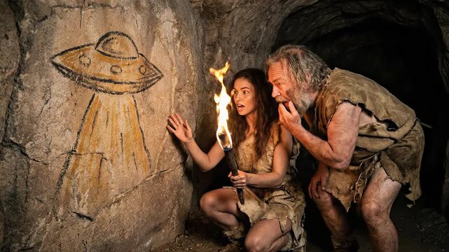 Surprised caveman and cavewoman in a dark stone cavern discovering a glowing prehistoric cave painting of a flying saucer UFO while holding a flaming torch with intense expressions of shock