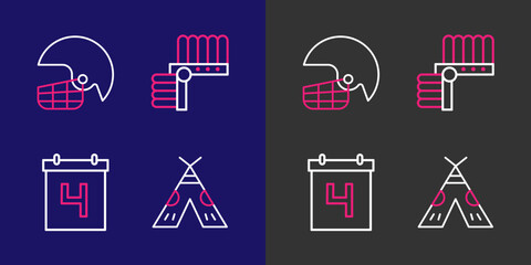 Set line Indian teepee or wigwam, Calendar with date July 4, headdress feathers and American football helmet icon. Vector © Kostiantyn