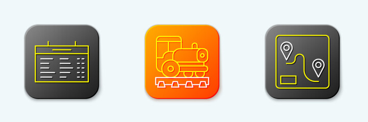 Set line Train station board, Vintage locomotive and Route location icon. Vector © Kostiantyn