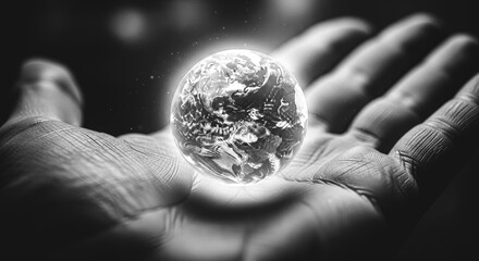 Detailed black and white close-up of a human hand holding a glowing translucent globe of Earth symbolizing global responsibility and environmental conservation.