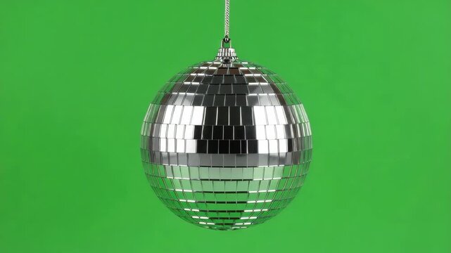 Sparkling silver mirror disco ball rotating on a green screen background for party and club music video
