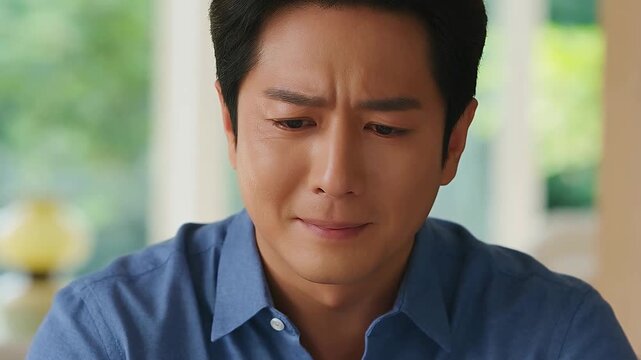 Sad man crying indoor scene, emotional male actor portraying distress, thoughtful portrait, emotion, distress.