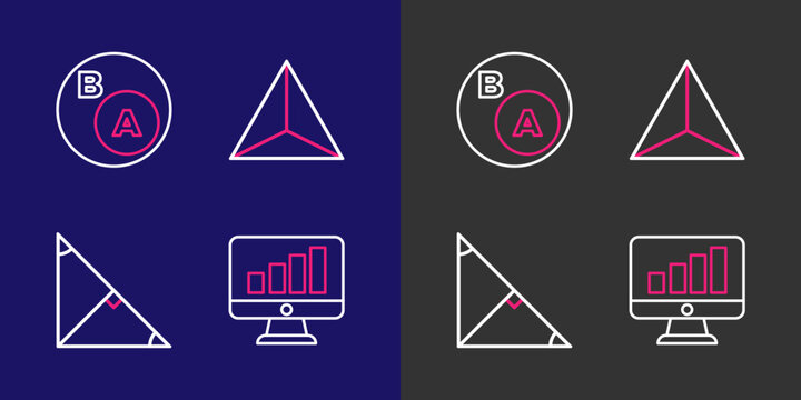 Set line Computer monitor with graph chart, Angle bisector of triangle, Geometric figure Tetrahedron and Subsets, math, subset icon. Vector