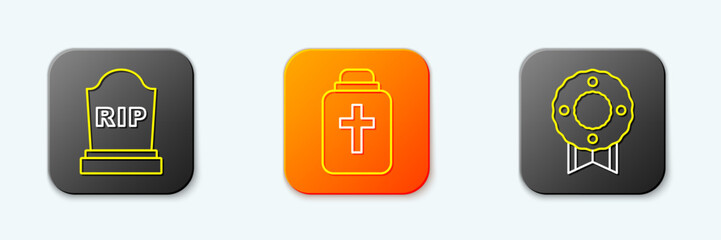 Obraz premium Set line Tombstone with RIP written, Funeral urn and Memorial wreath icon. Vector