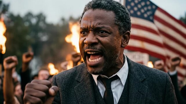 African American civil rights leader shouting with passion during a historic protest in front of an American flag with torches and raised fists. Juneteenth