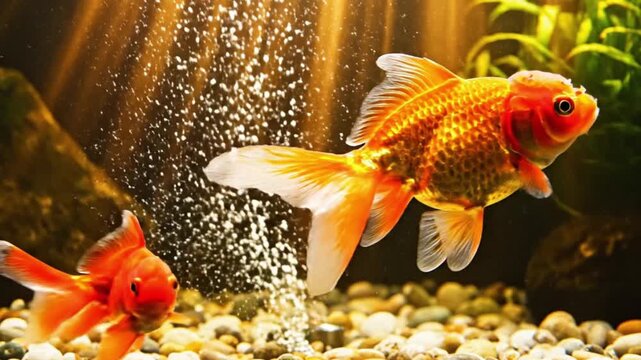 A beautiful, vibrant goldfish with flowing orange and white fins gracefully navigates through an illuminated aquarium. Sunlight pierces the clear water, creating shimmering light rays and a stream of 