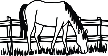 Vector illustration of a horse grazing in front of a fence