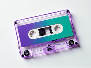 Fototapeta premium A close-up shot of a purple and green cassette sitting on a white table, great for use in music-related compositions or as a decorative element