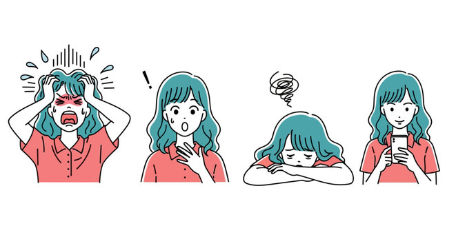 A frustrated woman experiences various emotions while using her phone indoors