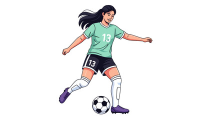A female soccer player kicks the ball with her right foot during a game.