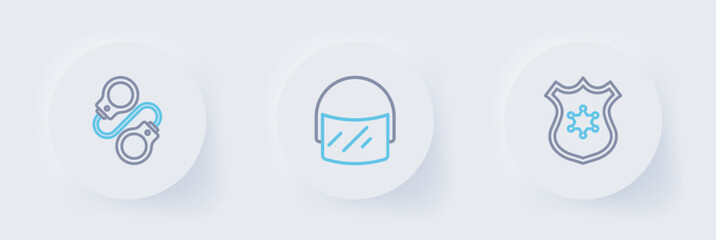 Obraz premium Set line Police badge, helmet and Handcuffs icon. Vector