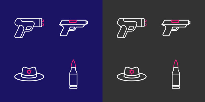 Set line Bullet, Sheriff hat with badge, Pistol or gun and Police electric shocker icon. Vector