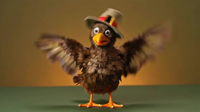 Adorable turkey bird performing a cheerful dance routine, wearing pilgrim hat and smiling widely, festive Thanksgiving vibe, clean orange backdrop, modern cartoon style