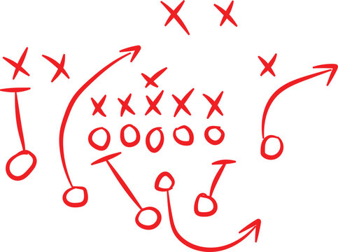 Red hand drawn American football play diagram illustrating offensive formations and strategic movement arrows on a white background.