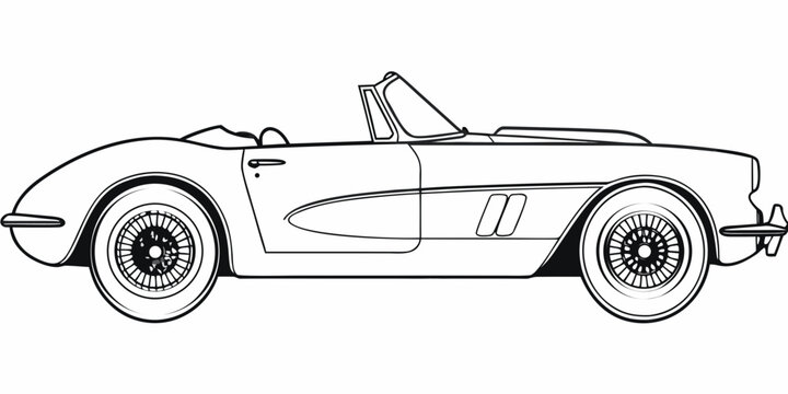 A detailed black and white line drawing of a classic corvette automobile