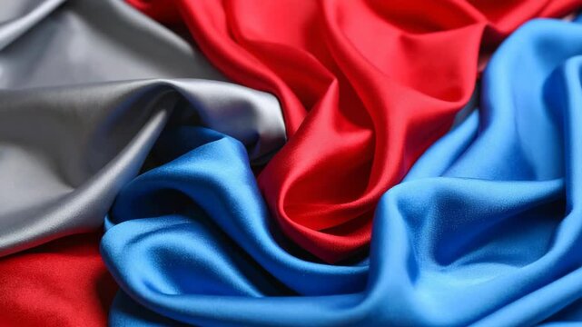 Elegant red blue and silver silk fabric with soft wavy folds and smooth lustrous texture