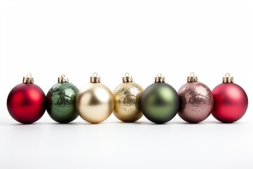 Seven colorful holiday baubles reflecting light on a white background