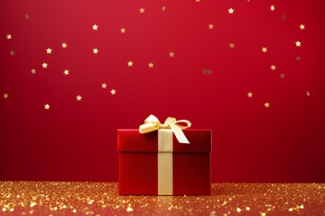 Red gift box with gold ribbon on shimmering surface with scattered stars on red background