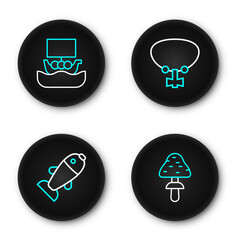 Fototapeta premium Set line Mushroom, Fish, Mace with spikes and Viking ship Drakkar icon. Vector
