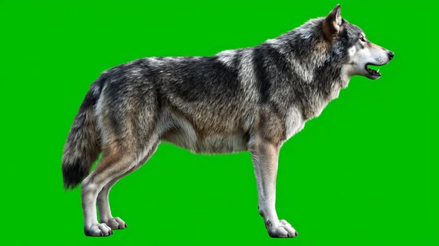 Gray wolf standing and howling on a green screen background in a studio setting looking wild animal green screen video