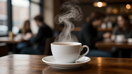 Fototapeta premium A steaming cup of coffee sits on a wooden table in a blurred cafe setting ideal for design use on transparent