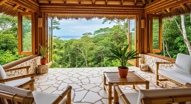 Tropical Resort Balcony With Ocean View and Natural Wood Furniture