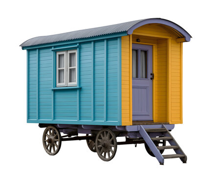 Retro traveller vintage vardo gypsy caravan wagon isolated on transparent background with turquoise yellow and lavender painted wooden panels. PNG