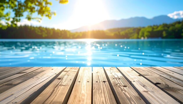 Wood deck overlooking shimmering aqua lake, with mountains and trees blurred in the sunny distance