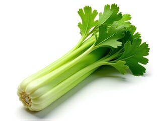 A bunch of fresh celery on a white surface, ideal for use in still life compositions or as a prop in food photography