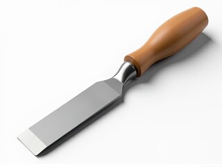 Obraz premium A knife with a natural wood handle sits on a clean white background, ready for use