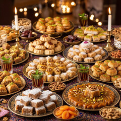Fototapeta premium Festive table with Middle Eastern sweets arranged on traditional plates 