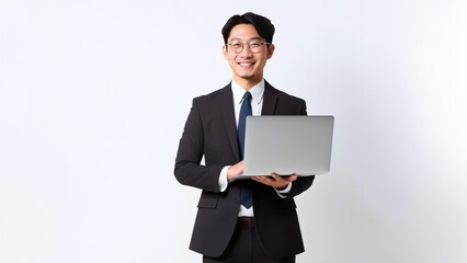 ノートパソコンを持つ笑顔のビジネスマンのスタジオポートレート