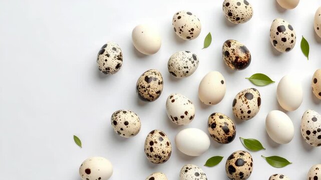 Flat lay arrangement of spotted quail eggs and small white eggs with green leaves on a white background