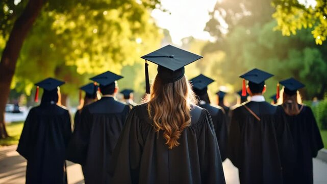 Graduates in black gowns and mortarboards walking towards bright sunlight on a lush green university campus