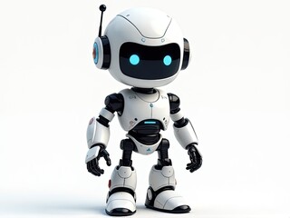 A white robot stands on a white surface, featuring blue eyes